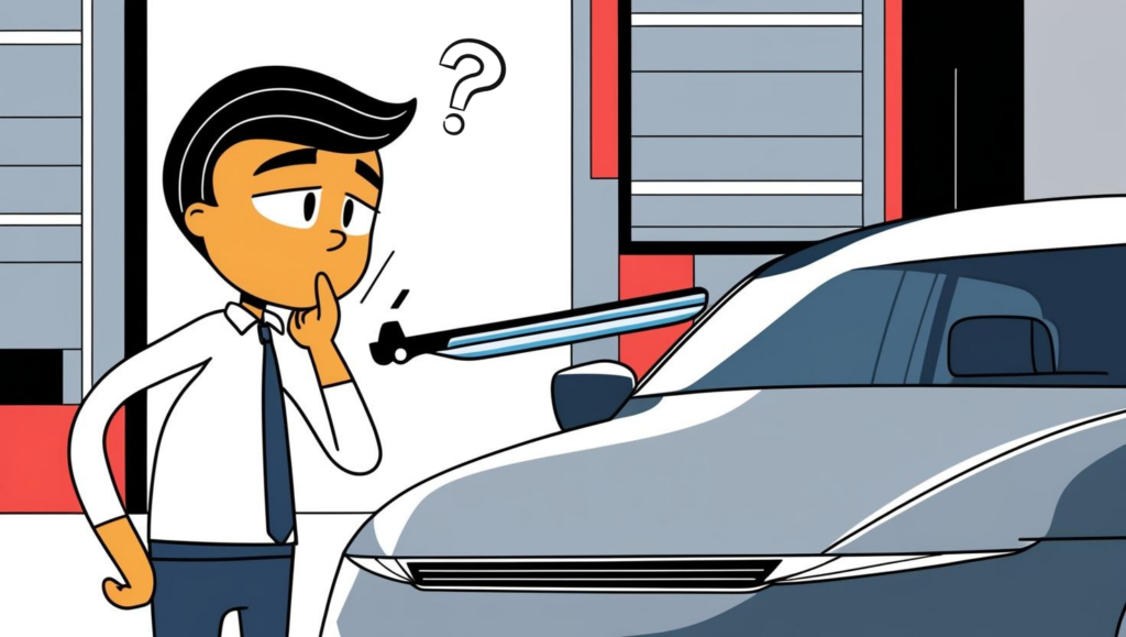 an animated person thinking about changing his windshield wiper