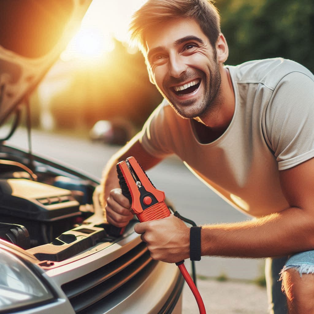 uomo felice in piedi vicino alla sua auto mentre tiene in mano il suo Jump Starter portatile.